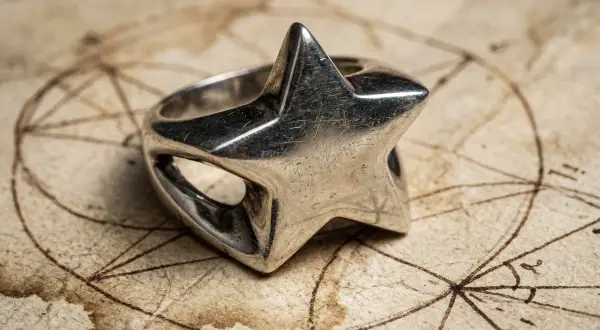 Srebrny pierścionek w kształcie gwiazdy, przypominający gwiazdę Dawida lub pentagram, leży na starej, tajemniczej mapie.