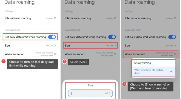 Jak włączyć roaming: włącz limit danych, wybierz rozmiar (np. 1 GB) i zdecyduj, czy chcesz ostrzeżenie, czy wyłączenie danych po przekroczeniu limitu.