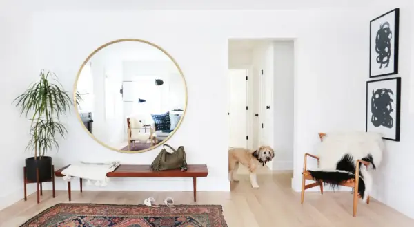 Ingresso luminoso con specchio rotondo, un cane curioso e un tappeto persiano. Trucchi per allargare una stanza con illusioni ottiche.