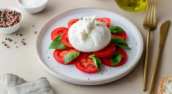 Ein Teller mit Tomatenscheiben, Basilikum und einem frischen Burrata-Käse, der cremig und köstlich aussieht. Was ist Burrata? Ein italienischer Frischkäse, der außen Mozzarella und innen Sahne und Mozzarellafäden enthält.