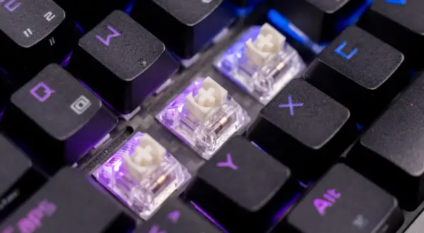 Nahaufnahme von mechanischen Tastenschaltern, die zeigen, was die besten Switches für dein Gaming-Setup sind. Lila Beleuchtung.