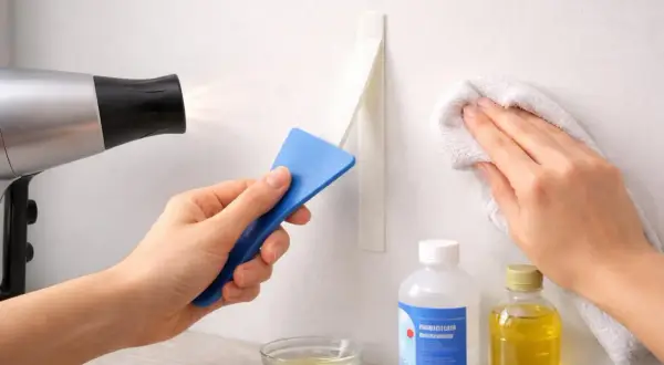 Comment enlever des traces de scotch : un sèche-cheveux chauffe un adhésif, une spatule bleue le décolle, et un chiffon blanc nettoie le mur.