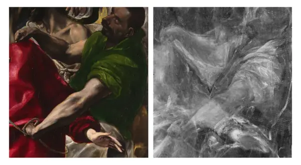 Detalle de una pintura del Greco, mostrando figuras dramáticas y ropajes vibrantes junto a una imagen de rayos X que revela la estructura subyacente.