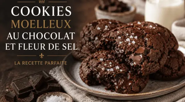 Gros plan sur des cookies moelleux au chocolat et fleur de sel, parfaits pour un goûter gourmand.