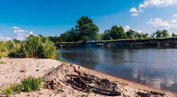 Piaskowy brzeg i ognisko nad spokojną rzeką Wartą. W oddali zielone drzewa i błękitne niebo z chmurami.