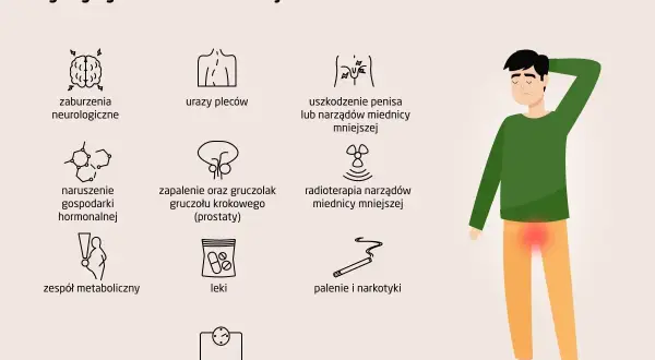 Ilustracja przedstawia przyczyny zaburzeń erekcji: od problemów neurologicznych, przez urazy, choroby prostaty, po zespół metaboliczny, leki, nadwagę, palenie i narkotyki.
