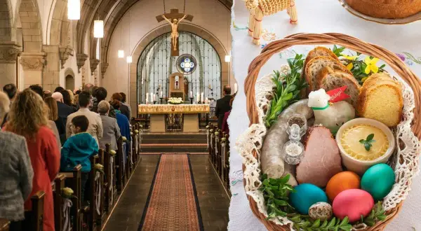 Nabożeństwo w kościele i koszyk z tradycyjnymi święconkami. Czy poniedziałek wielkanocny to święto nakazane?