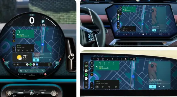 Nowoczesny kokpit z nawigacją i muzyką, pokazujący funkcje android auto na telefonie.