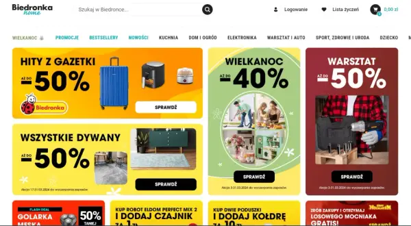 Biedronka Home: promocje wielkanocne, zniżki do 50% na walizki, sprzęt AGD, dywany i narzędzia.