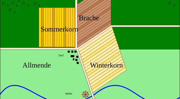 Schema der Dreifelderwirtschaft im Mittelalter: Wald, Sommerkorn, Brache, Winterkorn, Allmende, Dorf, Mühle und Weide.