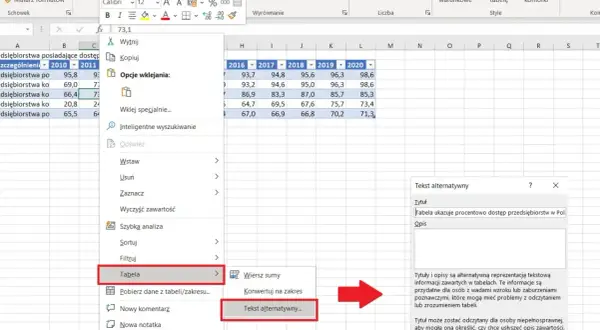 Arkusz kalkulacyjny Excel z zaznaczoną opcją "Tekst alternatywny" dla tabeli, która pokazuje procentowy dostęp przedsiębiorstw.