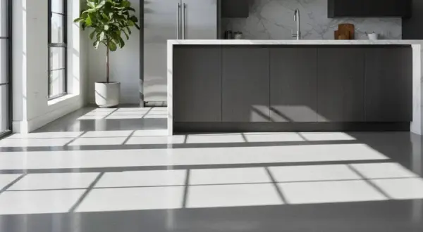 Luminosa cucina moderna con isola centrale e pavimento in resina. La luce solare crea un gioco di ombre sul pavimento, evidenziando la texture. La poliresina, materiale versatile, è ideale per pavimenti resistenti e dall'estetica contemporanea.