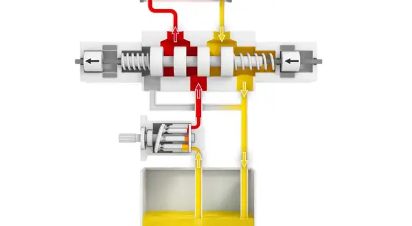 Schemat hydrauliczny z pompą, zaworem i siłownikiem. Widoczne przepływy płynu, co może być związane z ekranowaniem przewodów.