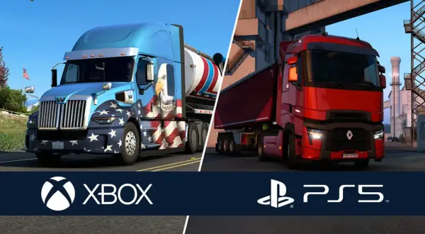 Dwa potężne ciężarówki, jedna z amerykańskimi barwami, druga czerwona, na tle przemysłowym. Zapowiedź Euro Truck Simulator 2 PS5.