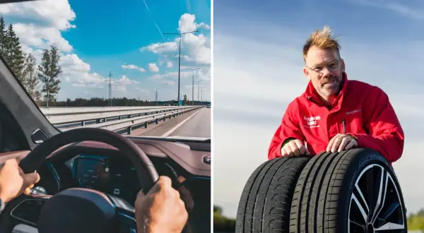 Föraren känner vibrationer i ratten på motorvägen. Bredvid visas en man med däck.