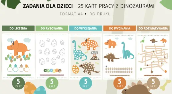 Karty pracy z dinozaurami: liczenie, rysowanie, wyklejanie, wycinanie i rozwiązywanie labiryntów. Idealne na dzień dinozaura!