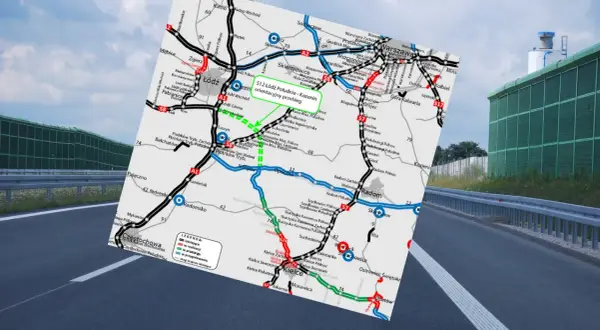 Mapa drogowa z zaznaczoną trasą S8, łączącą Łódź z okolicami Warszawy i dalej na południe. Widok z perspektywy kierowcy.