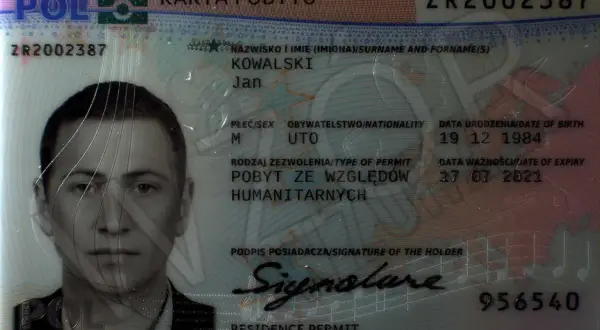 Karta pobytu Jana Kowalskiego, seria ZR2002387, wydana ze względów humanitarnych.