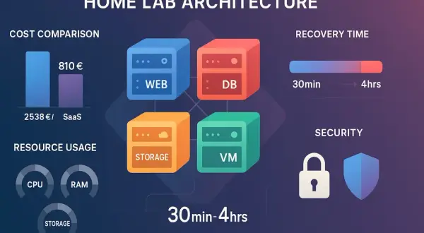 Architecture de labo domestique : stockage persistant pour Web, DB, VM et stockage. Coût, utilisation des ressources, temps de récupération et sécurité.