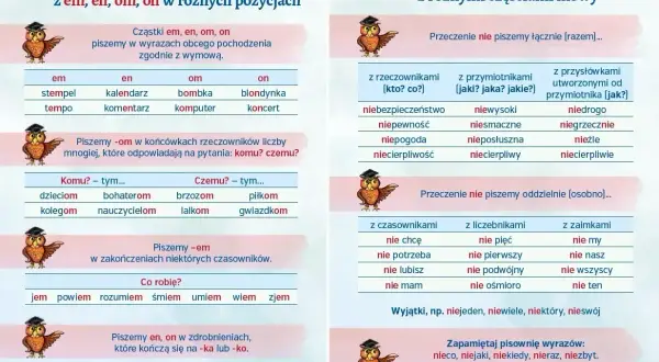 Jak się pisze na pewno? Poznaj zasady pisowni wyrazów z em, en, om, on i przeczenia "nie" z różnymi częściami mowy.