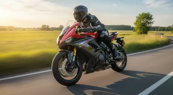 Ein Motorradfahrer rast auf einer Landstraße, die Sonne scheint. Hoffentlich kein Motorrad Blitzer auf dieser Strecke!