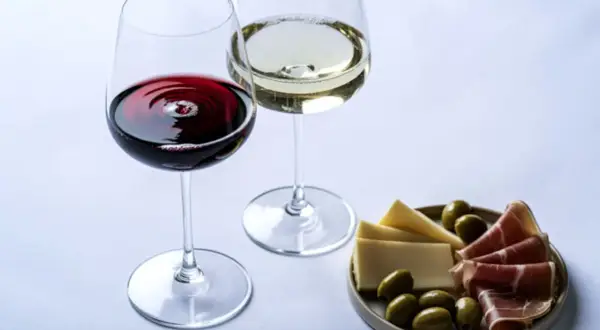 Dwa kieliszki wina, czerwonego i białego, z deską serów, oliwek i szynki. Wino właściwości są doceniane przez koneserów.