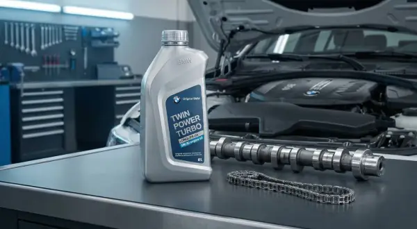 Olej BMW Twin Power Turbo 5W-30, wałek rozrządu i łańcuch rozrządu na stole warsztatowym.