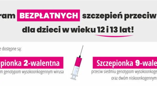 Program bezpłatnych szczepień przeciw HPV dla dzieci w wieku 12 i 13 lat. Dostępne są szczepionki 2- i 9-walentne.