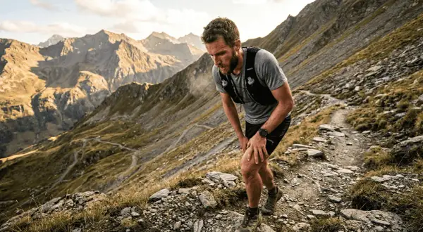 Patrick Bohard, un traileur, s'arrête sur un sentier rocailleux de montagne, le souffle court, le regard perdu dans les sommets.