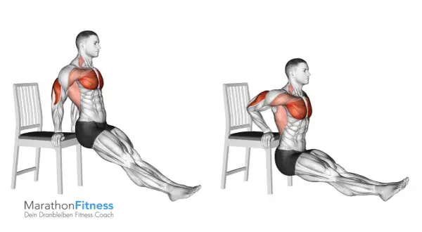 Mann macht Dips-Workout an einem Stuhl, um Brust und Trizeps zu trainieren.