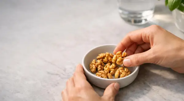 Mani prendono noci da una ciotola. Quante noci al giorno fanno bene alla salute? Un bicchiere d'acqua e basilico sullo sfondo.