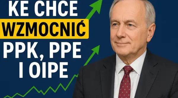 KE chce wzmocnić pracowniczy plan kapitałowy (PPK), PPE i I OIPE. Mężczyzna w garniturze na tle wykresu wzrostu.