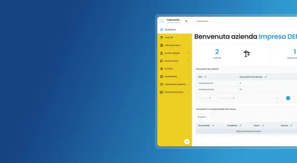 Dashboard aziendale con sezioni per la gestione dei siti, risorse e documenti. Utile per il pos sicurezza sul lavoro.