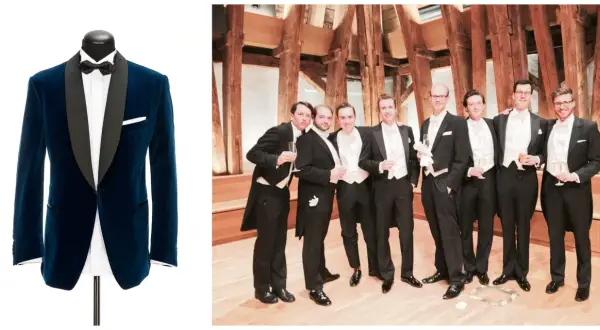 Ein blauer Samt-Sakko mit schwarzem Revers und Fliege, daneben eine Gruppe von Männern in klassischer Abendgarderobe mit Fracks und Fliegen.