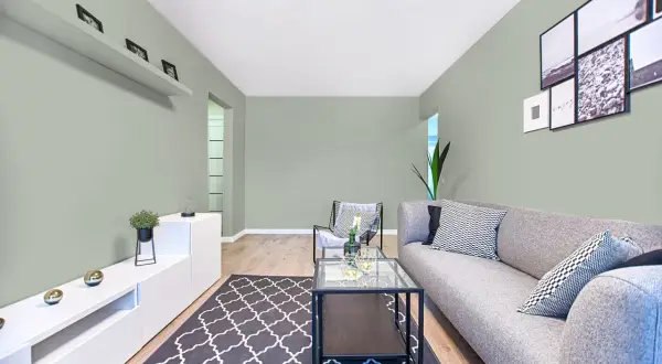 Quel mur peindre pour agrandir une pièce étroite ? Ce salon moderne aux murs vert pâle, avec un canapé gris et des cadres photos, offre une ambiance apaisante.