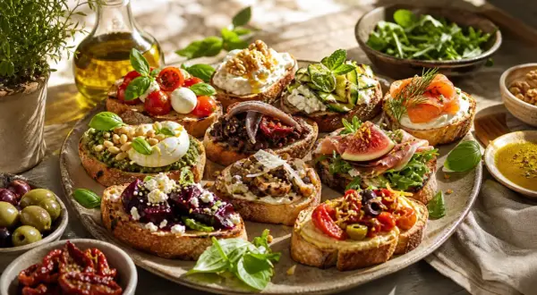 Plateau de crostini italiens variés : tomates, mozzarella, pesto, figues, saumon fumé, légumes grillés, olives.