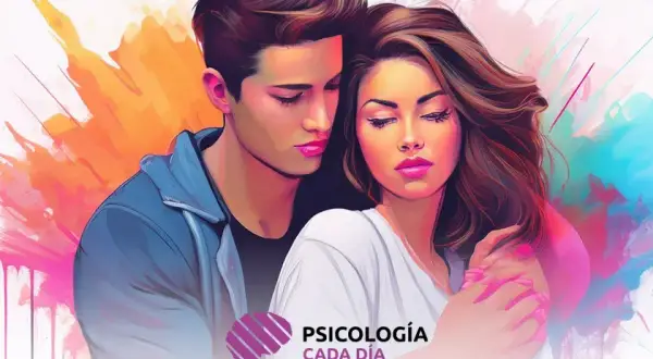 Pareja abrazada, con miradas melancólicas. El amor duele, pero la conexión es profunda. Fondo abstracto de colores vibrantes.