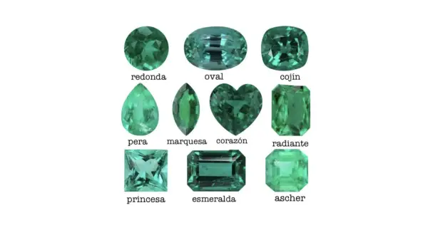 Nueve gemas verdes, cada una con una forma distinta: redonda, oval, cojín, pera, marquesa, corazón, radiante, princesa y ascher. La forma de la esmeralda varía, mostrando su versatilidad.