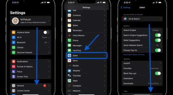 Ustawienia iPhone'a: wybierz Safari, aby wyczyść pamięć podręczną i zarządzać ustawieniami przeglądarki.