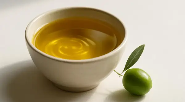 Una ciotola di olio dorato, con un'oliva verde e una foglia accanto. L'olio oleico, significato di purezza e salute.