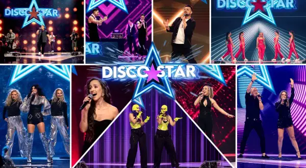 Kolaż zdjęć z programu Disco Star: wykonawcy śpiewający na scenie, tancerze w czerwonych strojach, wokalistki w błyszczących kreacjach.