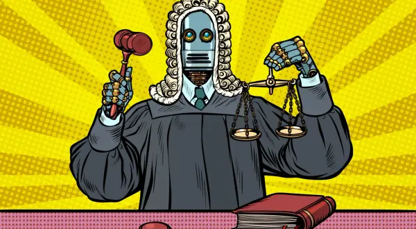 A robot judge, a symbol of ai in art, holds a gavel and scales of justice.