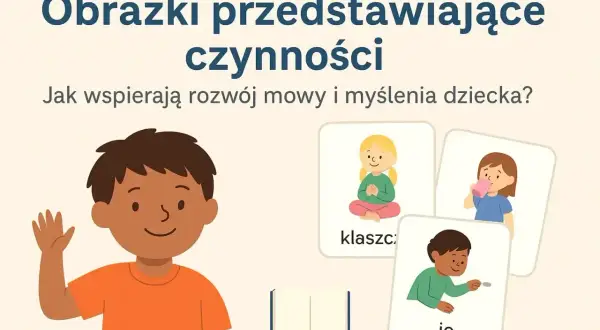 Karta pracy z obrazkami czynności: klaszcze, pije, je. Chłopiec macha.