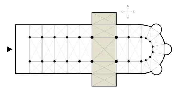 Rzut kościoła z zaznaczonym transeptem, nawą główną, prezbiterium i absydą.
