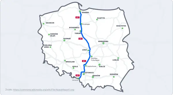 Mapa pokazuje autostrady i drogi ekspresowe w Polsce, z zaznaczoną trasą A1 łączącą Gdańsk z Katowicami i dalej z Gorzyczkami.