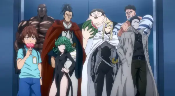 Helden der Helden-Assoziation, darunter ein Junge mit Lutscher, Tatsumaki und andere, bereit für One Punch Man Season 3.