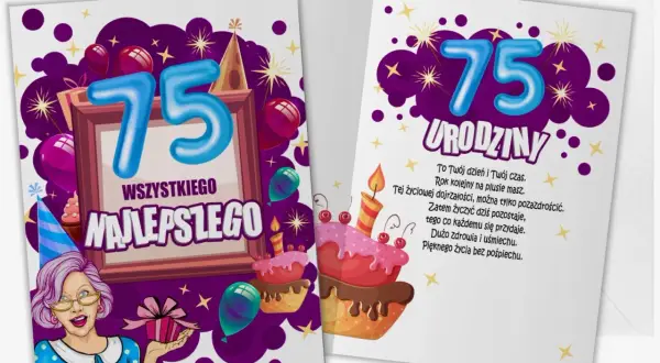 Wesołe kartki z życzeniami na 75 urodziny, z tortem, balonami i wesołą panią.