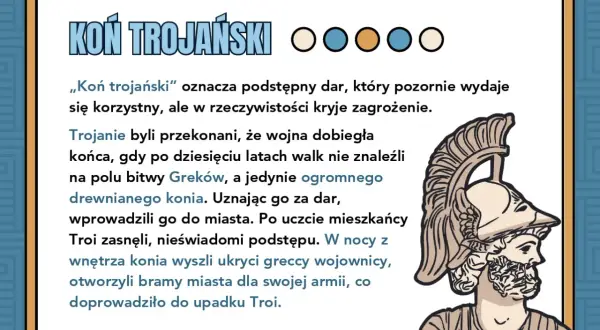 Ilustracja przedstawia greckiego wojownika w hełmie i tekst o "koniu trojańskim".