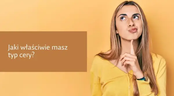 Młoda kobieta zastanawia się nad pytaniem "Jaki właściwie masz typ cery?". Może to początek testu na typ cery.