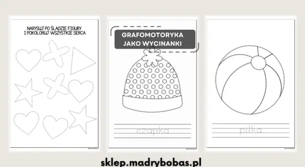 Zestaw ćwiczeń grafomotorycznych do wycinania po śladzie: serca, gwiazdki, trójkąt, czapka i piłka.